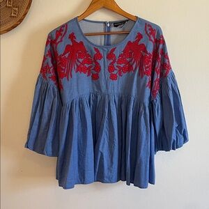 Anthropologie Blue Blouse with Red Embroidery